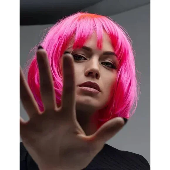 Women's Hot Pink 12 Inch Costume Cosplay Party Short Bob Wigs And Sunglass - Picture 6 of 6